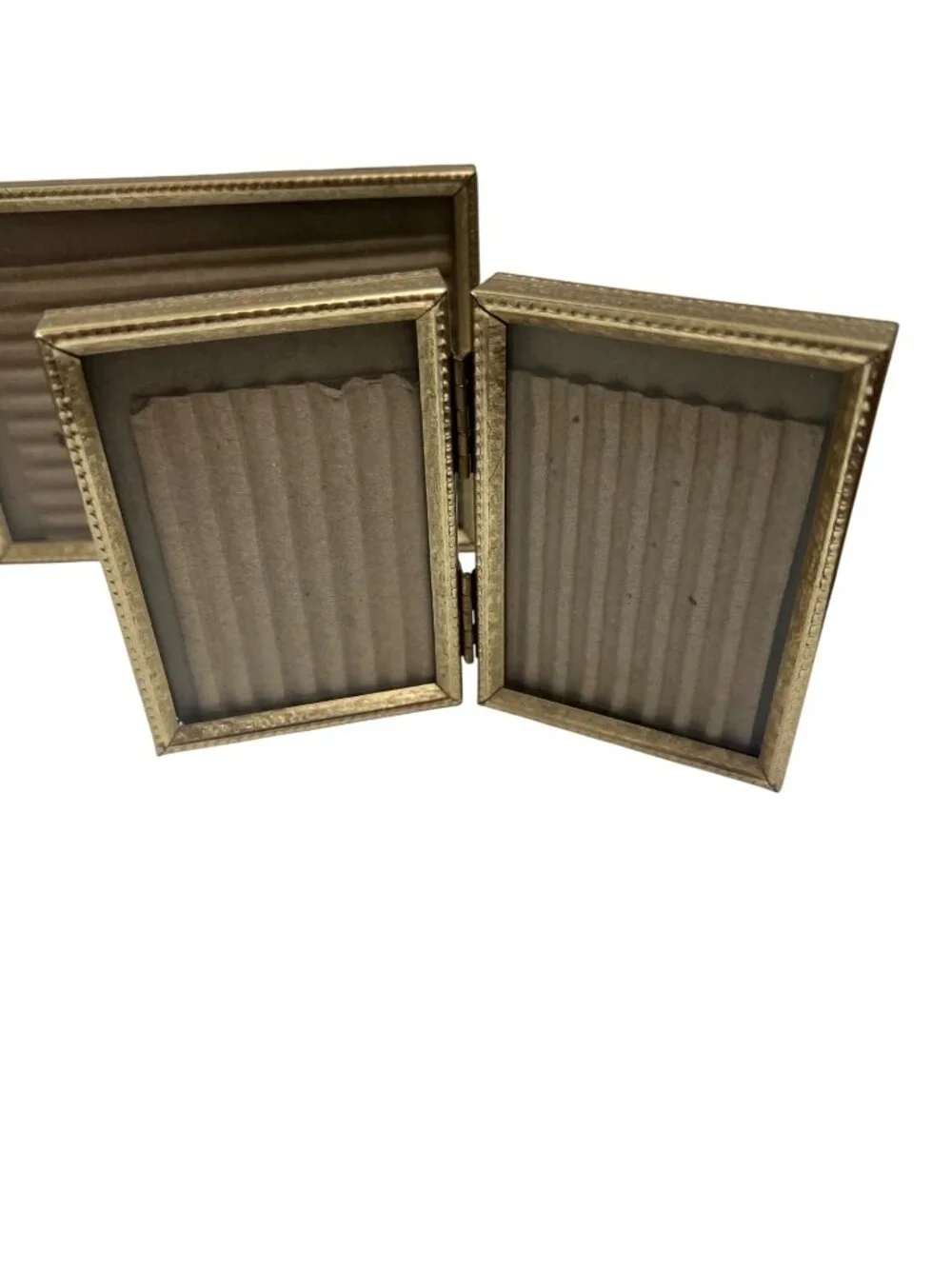 Gold Hinged Miniature Double Picture Frame Set With Ribbed Backing - Vintage Sty